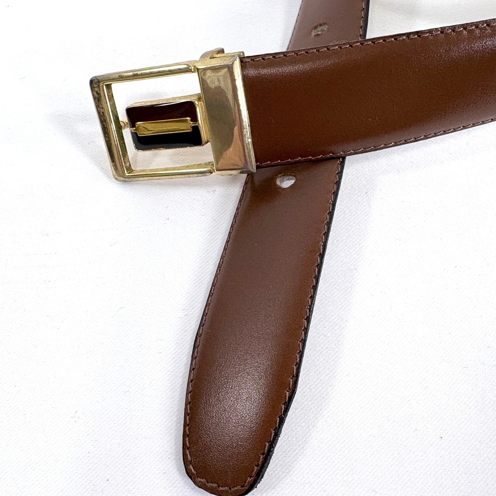 Leather Belt Brown Gold Enamel Buckle Made in France Size Women 31-35